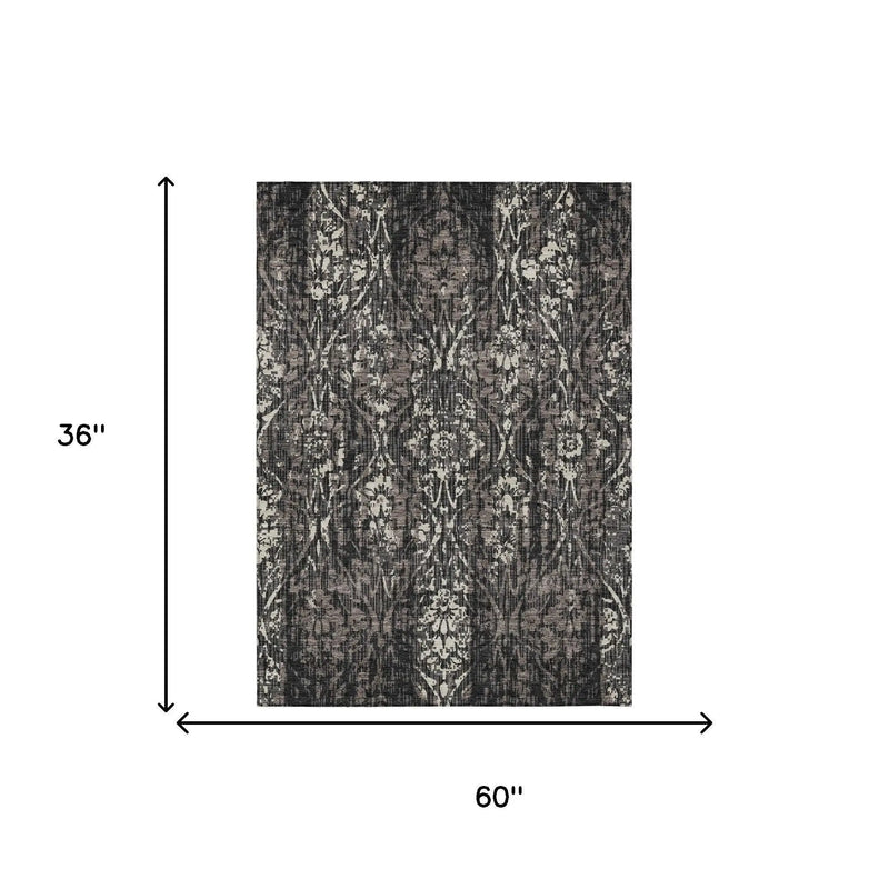 3' X 5' Black And Charcoal Damask Washable Indoor Outdoor Area Rug Homeroots Outdoor