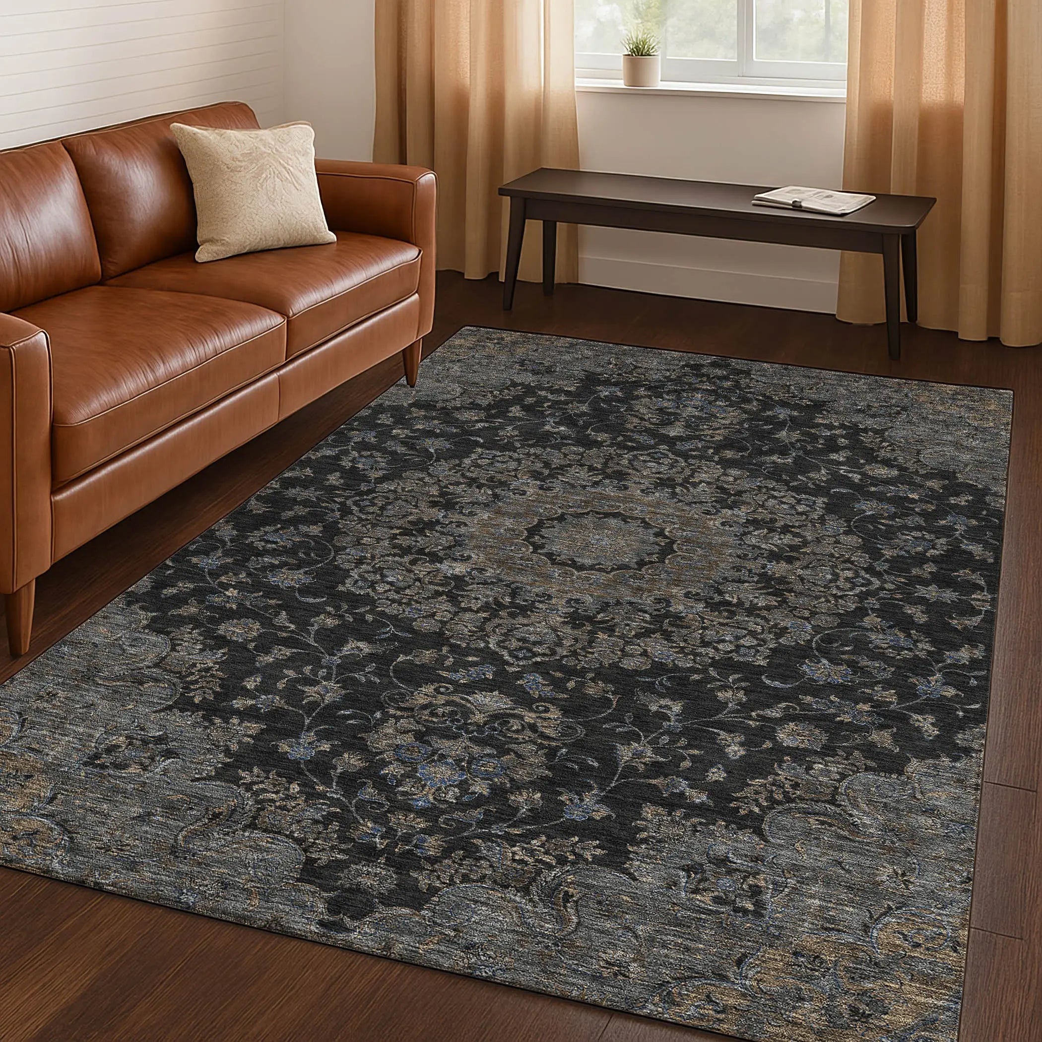 3' X 5' Black And Charcoal Floral Medallion Washable Indoor Outdoor Area Rug Homeroots Outdoor