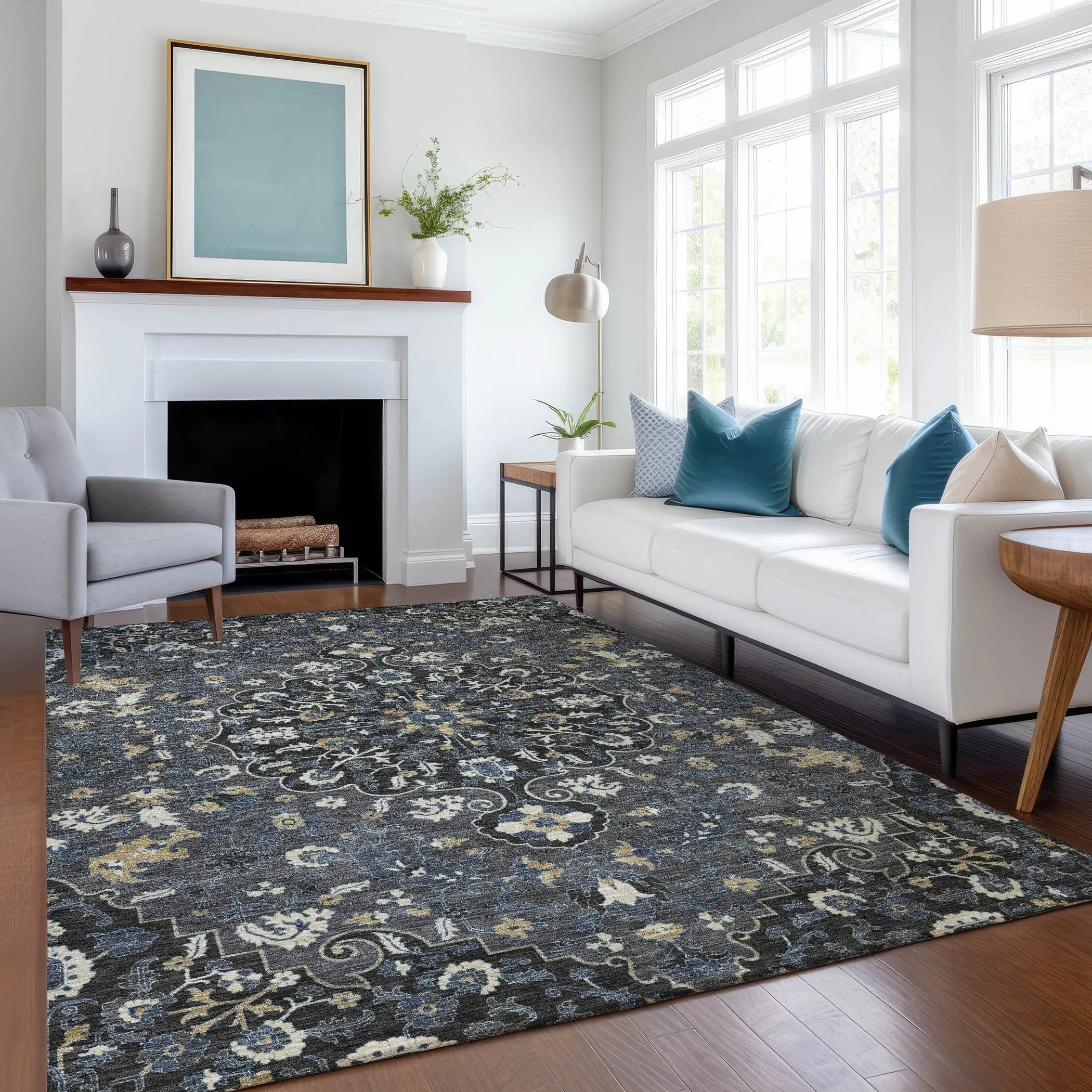 3' X 5' Black And Charcoal Floral Medallion Washable Indoor Outdoor Area Rug Homeroots Outdoor