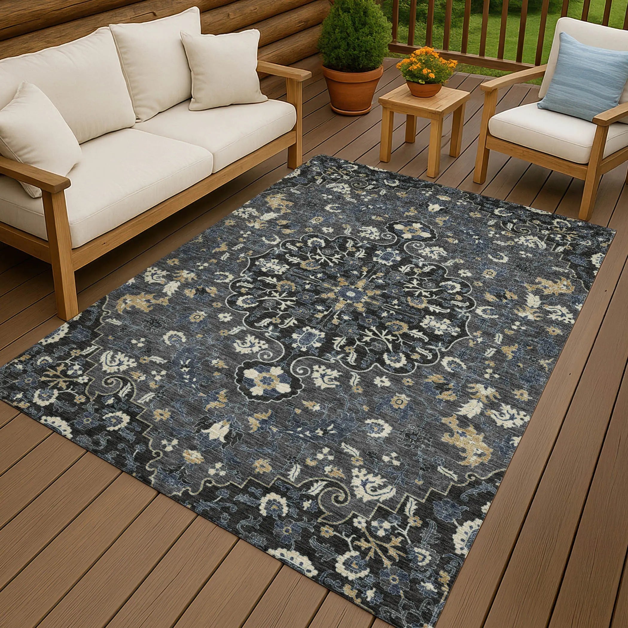 3' X 5' Black And Charcoal Floral Medallion Washable Indoor Outdoor Area Rug Homeroots Outdoor