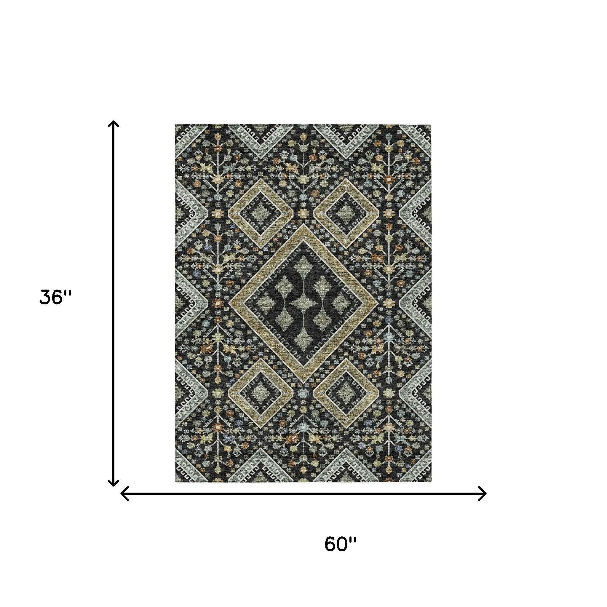 3' X 5' Black And Fern Green Medallion Washable Indoor Outdoor Area Rug Homeroots Outdoor