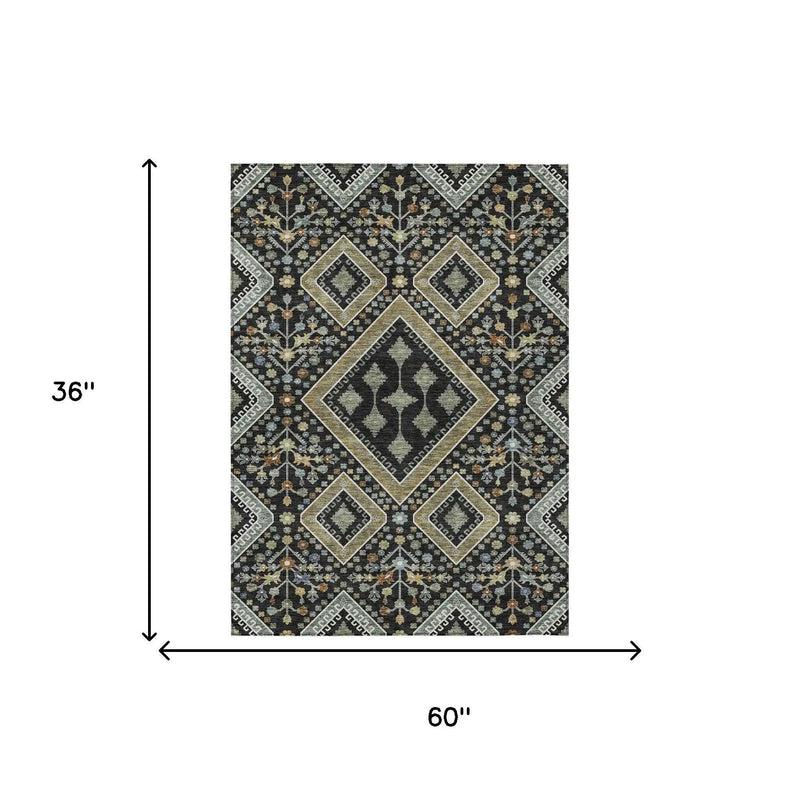 3' X 5' Black And Fern Green Medallion Washable Indoor Outdoor Area Rug Homeroots Outdoor