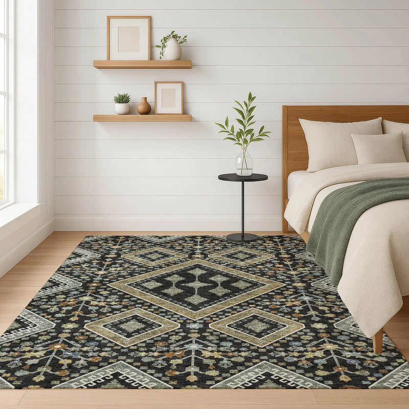 3' X 5' Black And Fern Green Medallion Washable Indoor Outdoor Area Rug Homeroots Outdoor