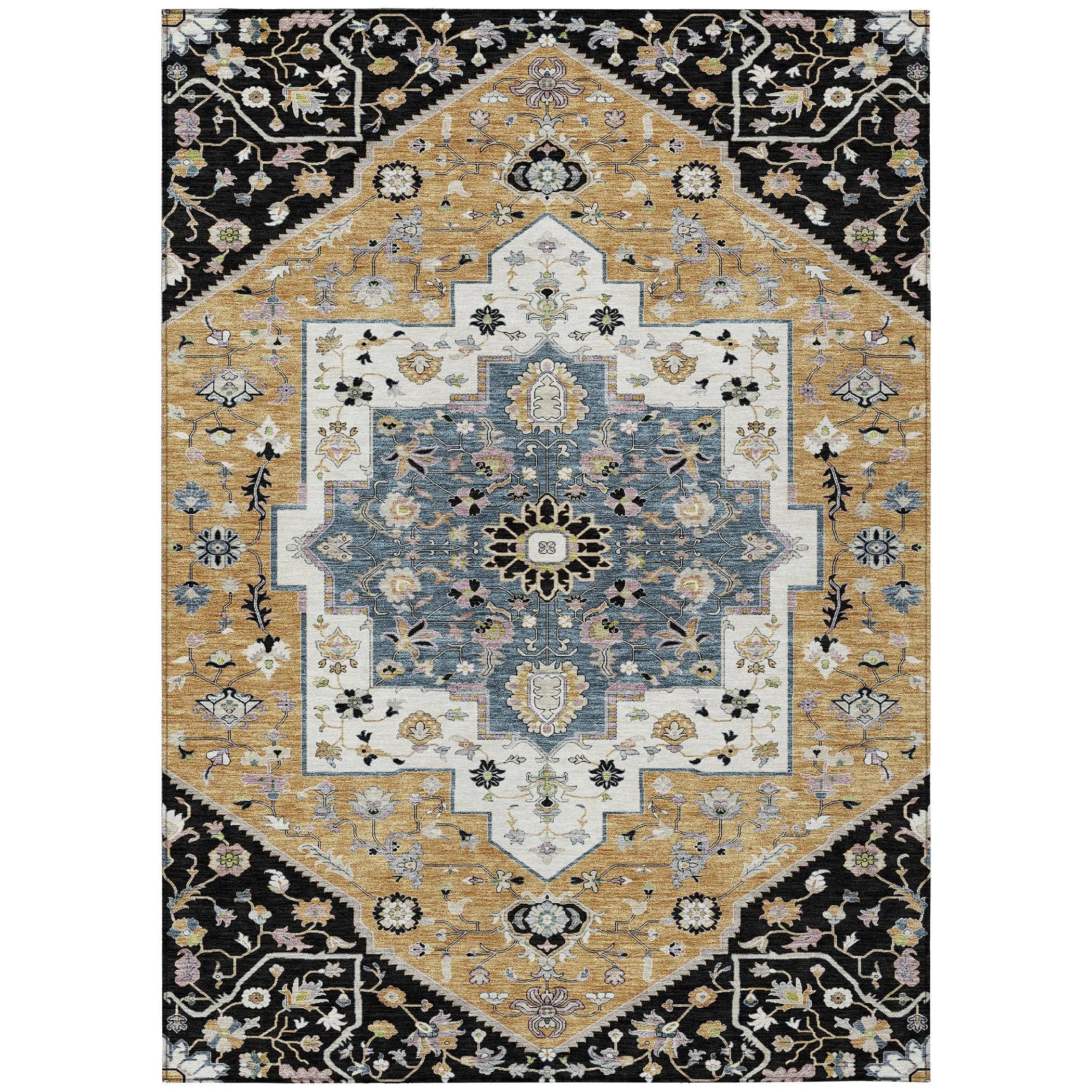 3' X 5' Black And Gold Floral Medallion Washable Indoor Outdoor Area Rug Homeroots Outdoor