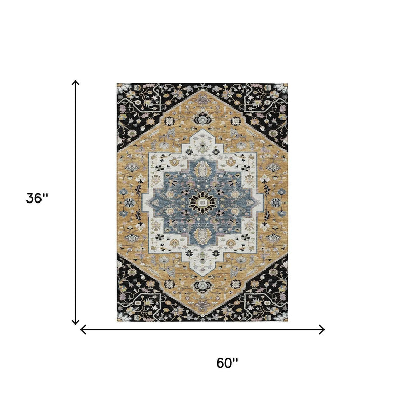 3' X 5' Black And Gold Floral Medallion Washable Indoor Outdoor Area Rug Homeroots Outdoor
