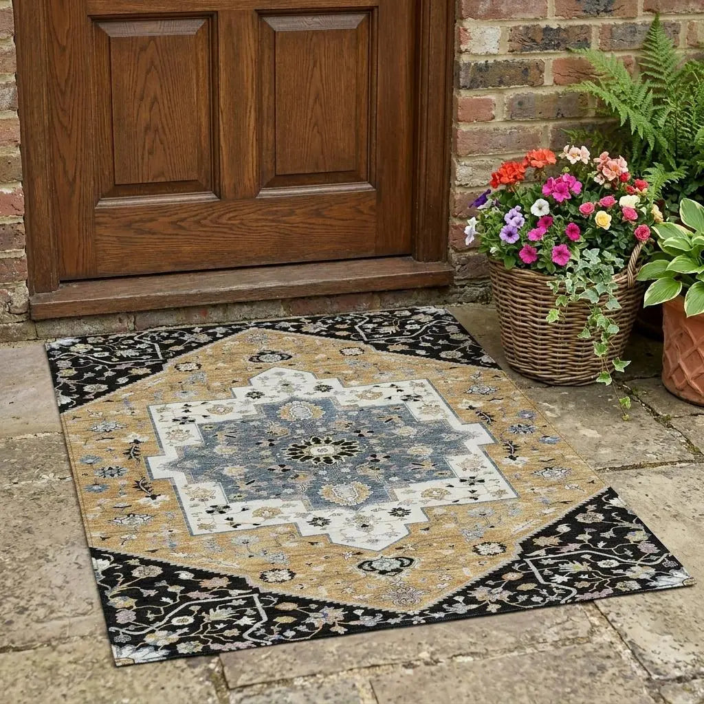 3' X 5' Black And Gold Floral Medallion Washable Indoor Outdoor Area Rug Homeroots Outdoor