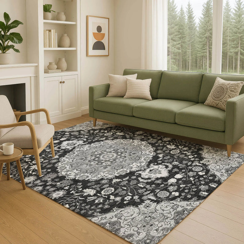 3' X 5' Black And Granite Gray Damask Washable Indoor Outdoor Area Rug Homeroots Outdoor