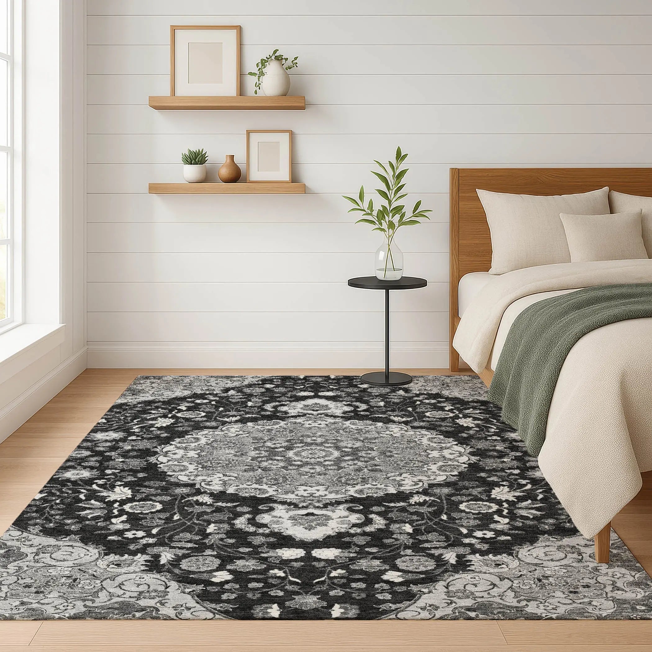 3' X 5' Black And Granite Gray Damask Washable Indoor Outdoor Area Rug Homeroots Outdoor