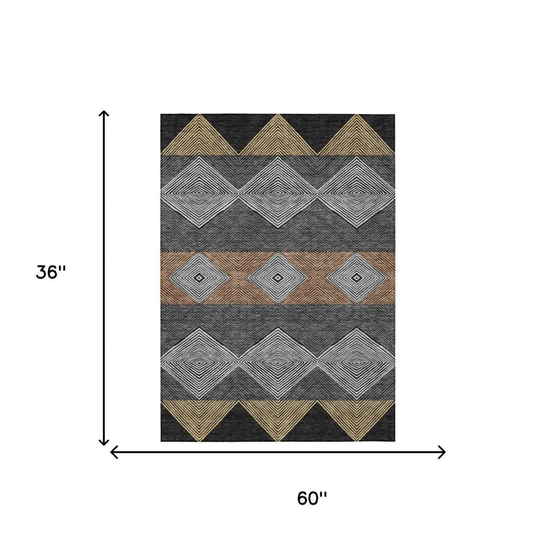 3' X 5' Black And Granite Gray Geometric Washable Indoor Outdoor Area Rug Homeroots Outdoor