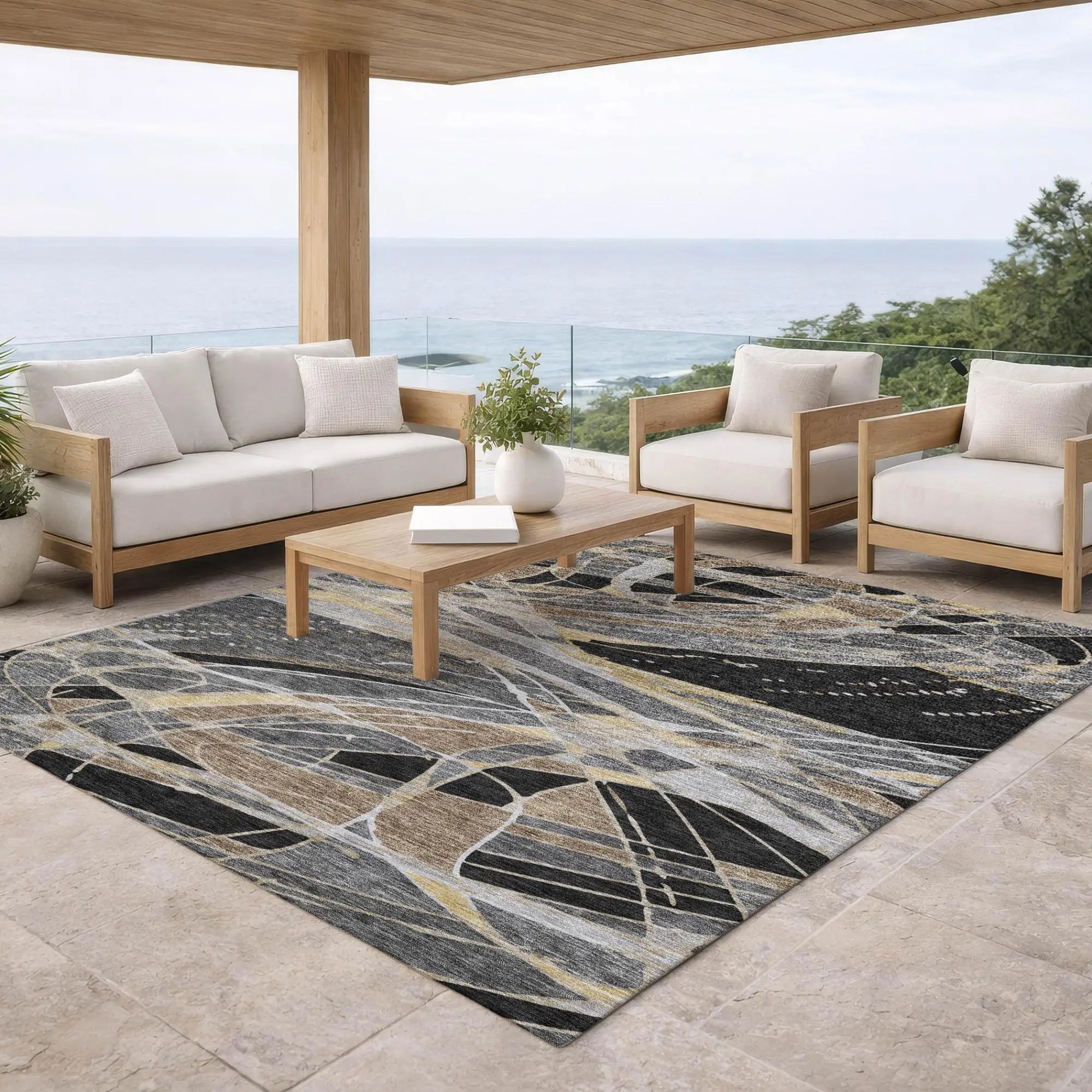 3' X 5' Black And Graphite Abstract Washable Indoor Outdoor Area Rug Homeroots Outdoor