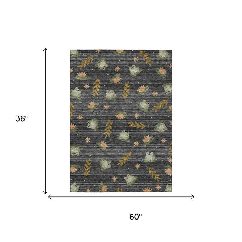 3' X 5' Black And Graphite Botanical Leaves Washable Indoor Outdoor Area Rug Homeroots Outdoor