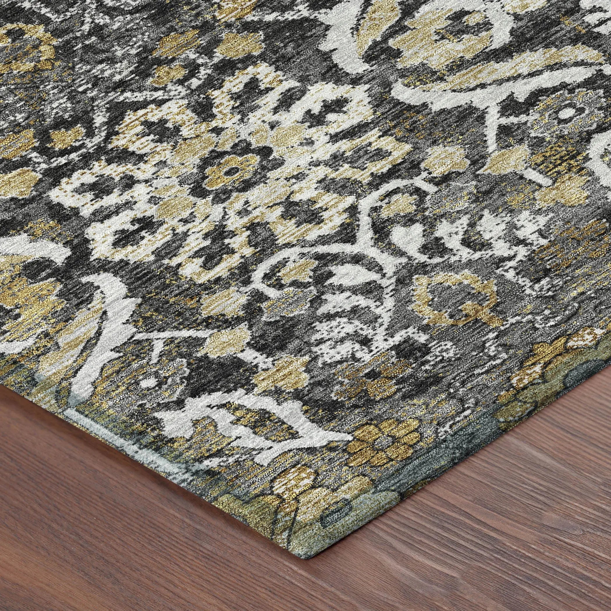 3' X 5' Black And Graphite Damask Washable Indoor Outdoor Area Rug Homeroots Outdoor