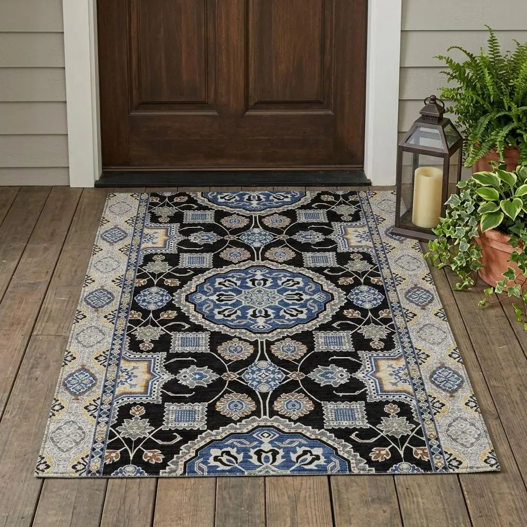 3' X 5' Black And Graphite Floral Medallion Washable Indoor Outdoor Area Rug Homeroots Outdoor