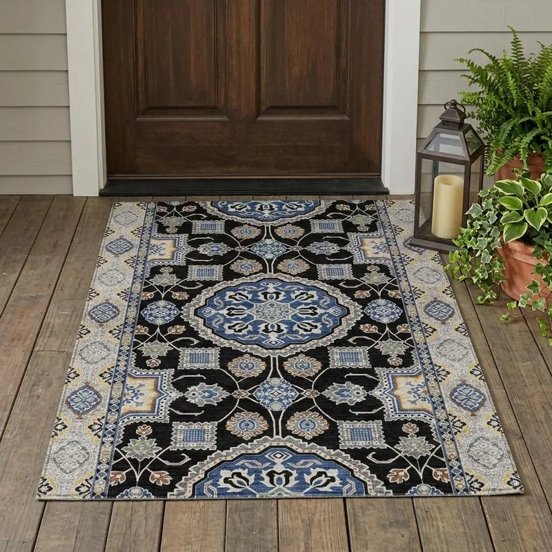 3' X 5' Black And Graphite Floral Medallion Washable Indoor Outdoor Area Rug Homeroots Outdoor