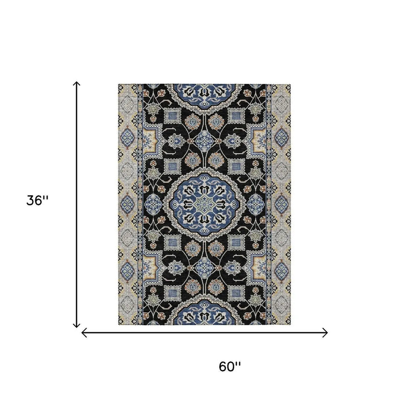 3' X 5' Black And Graphite Floral Medallion Washable Indoor Outdoor Area Rug Homeroots Outdoor