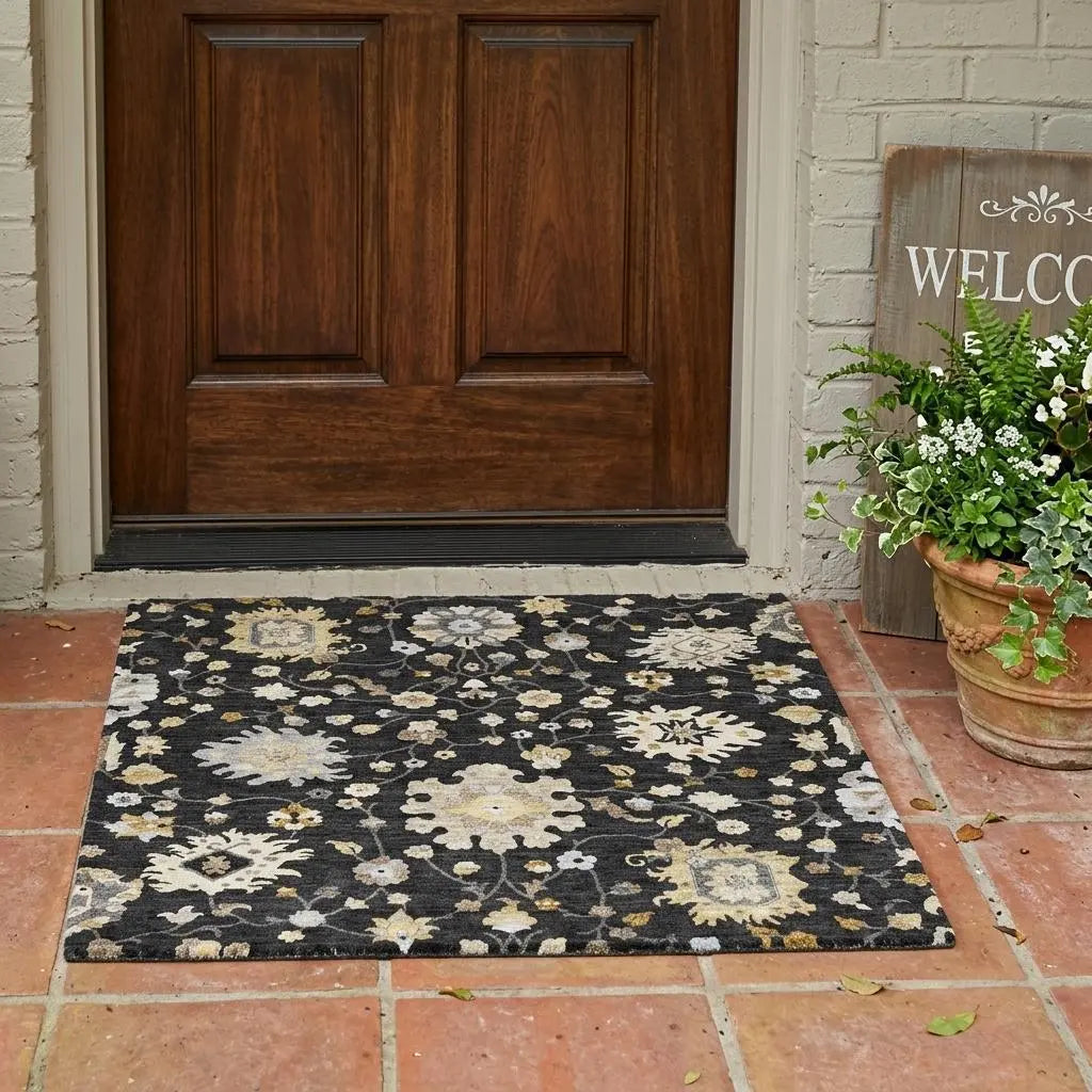 3' X 5' Black And Graphite Floral Washable Indoor Outdoor Area Rug Homeroots Outdoor