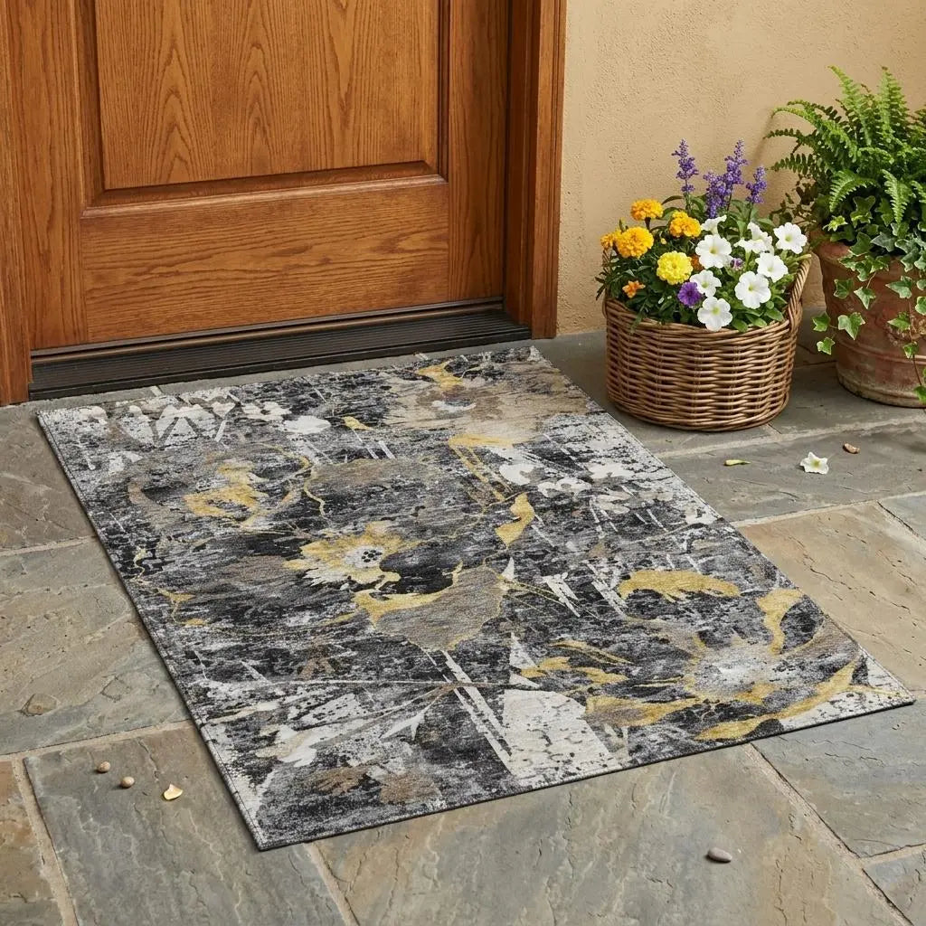 3' X 5' Black And Graphite Floral Washable Indoor Outdoor Area Rug Homeroots Outdoor
