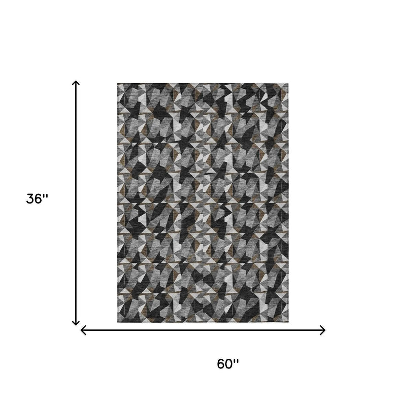 3' X 5' Black And Graphite Geometric Washable Indoor Outdoor Area Rug Homeroots Outdoor
