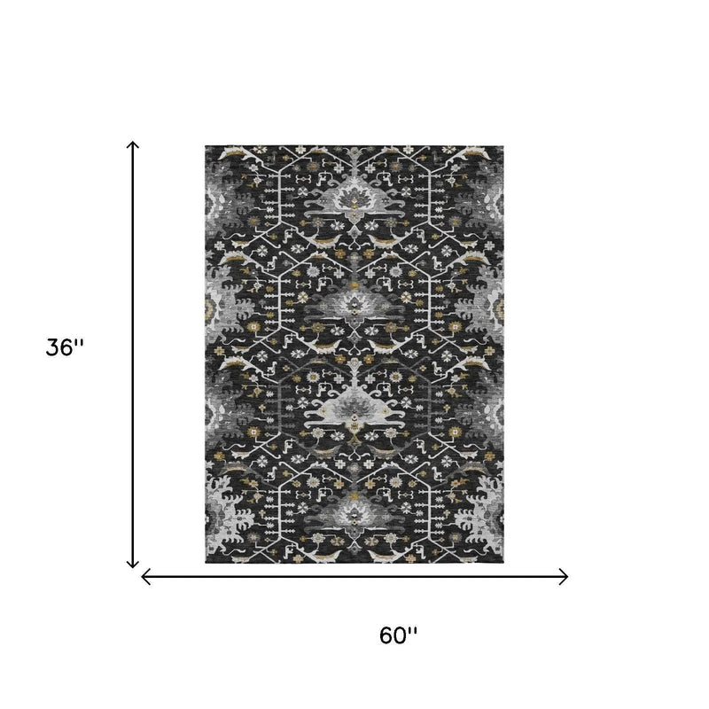 3' X 5' Black And Graphite Oriental Washable Indoor Outdoor Area Rug Homeroots Outdoor