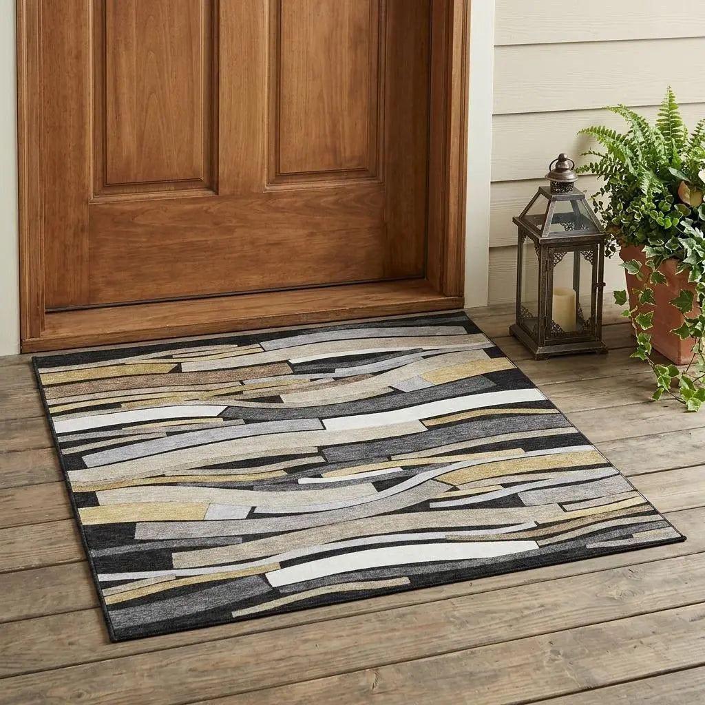 3' X 5' Black And Graphite Striped Washable Indoor Outdoor Area Rug Homeroots Outdoor