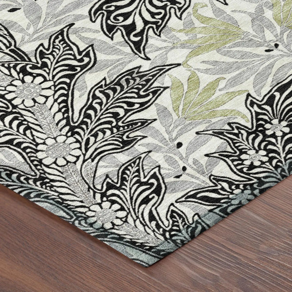 3' X 5' Black And Gray Botanical Leaves Washable Indoor Outdoor Area Rug Homeroots Outdoor