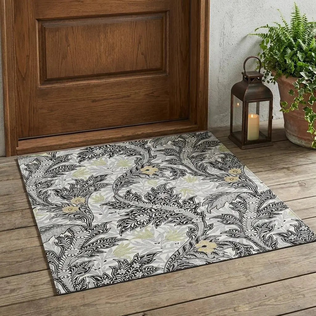 3' X 5' Black And Gray Botanical Leaves Washable Indoor Outdoor Area Rug Homeroots Outdoor