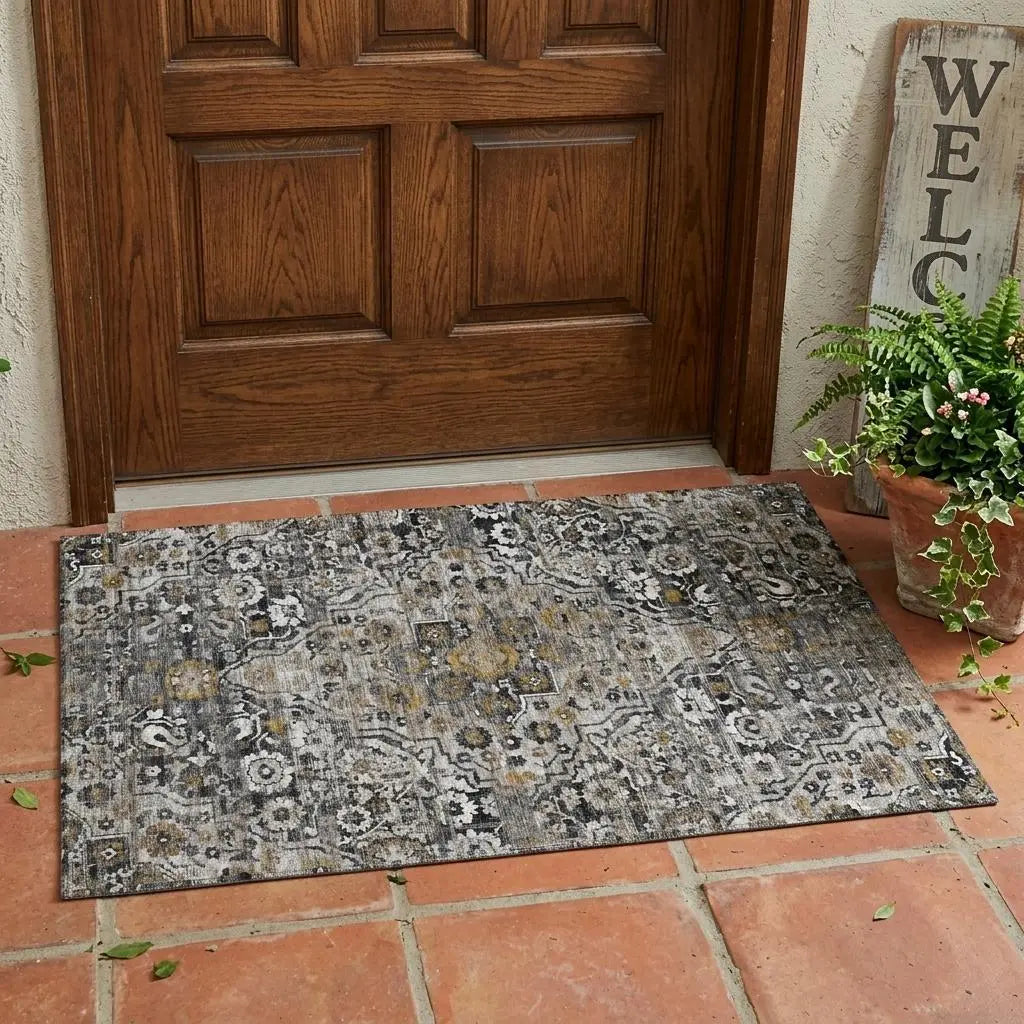 3' X 5' Black And Gray Floral Medallion Washable Indoor Outdoor Area Rug Homeroots Outdoor