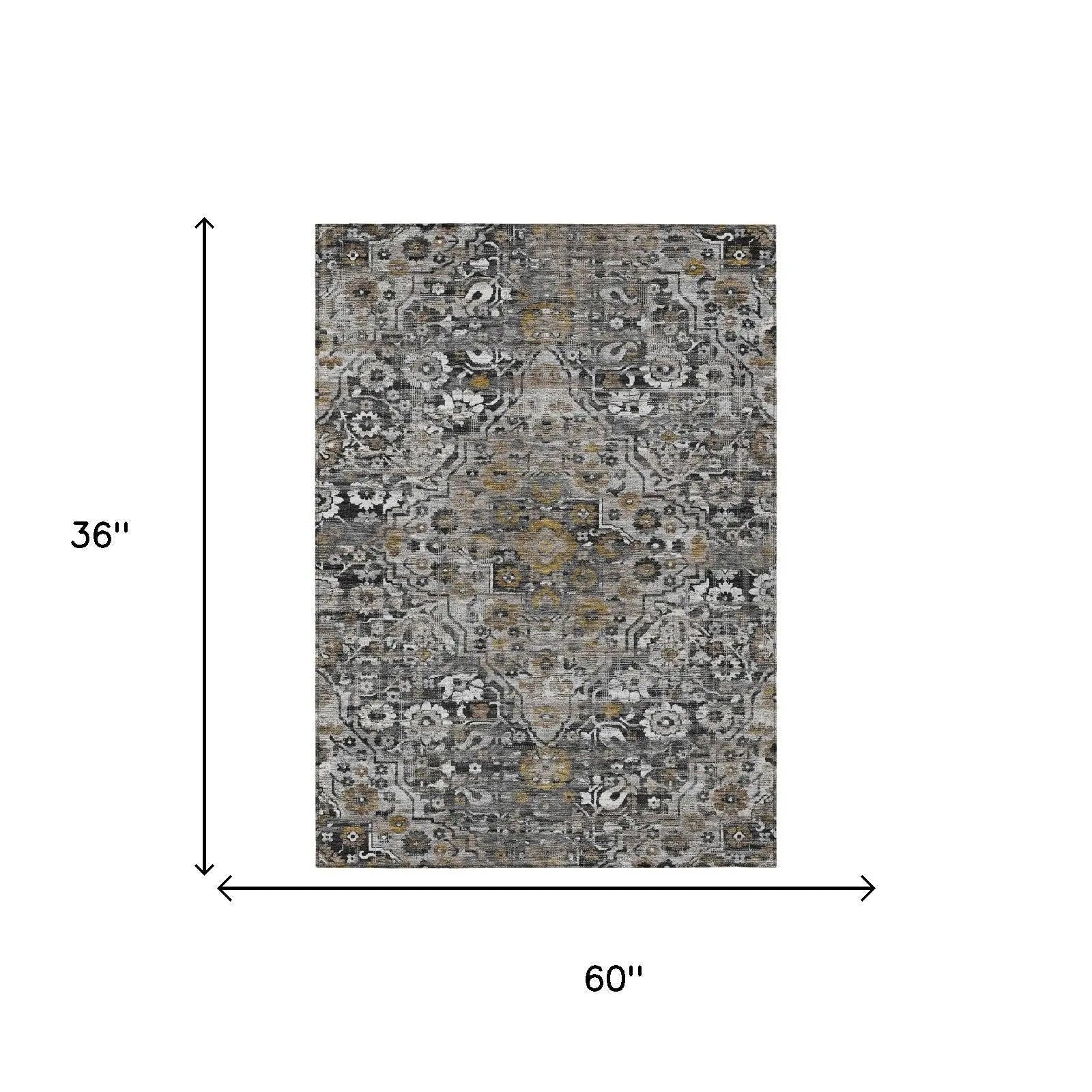 3' X 5' Black And Gray Floral Medallion Washable Indoor Outdoor Area Rug Homeroots Outdoor