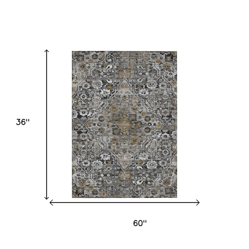 3' X 5' Black And Gray Floral Medallion Washable Indoor Outdoor Area Rug Homeroots Outdoor