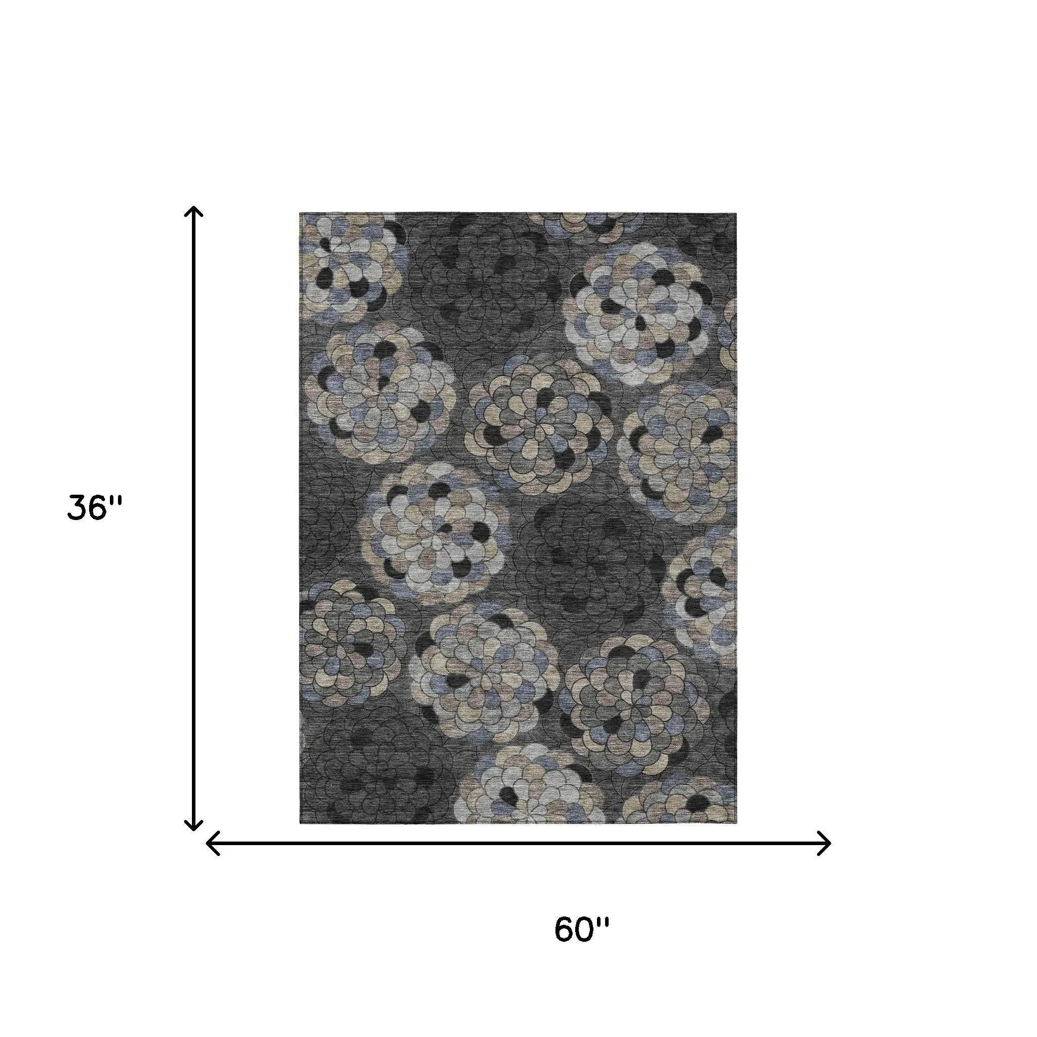 3' X 5' Black And Gray Floral Washable Indoor Outdoor Area Rug Homeroots Outdoor