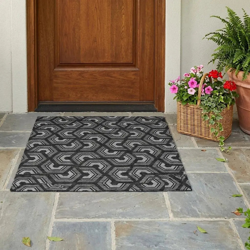 3' X 5' Black And Gray Geometric Washable Indoor Outdoor Area Rug Homeroots Outdoor