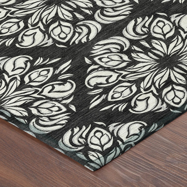 3' X 5' Black And Ivory Damask Washable Indoor Outdoor Area Rug Homeroots Outdoor