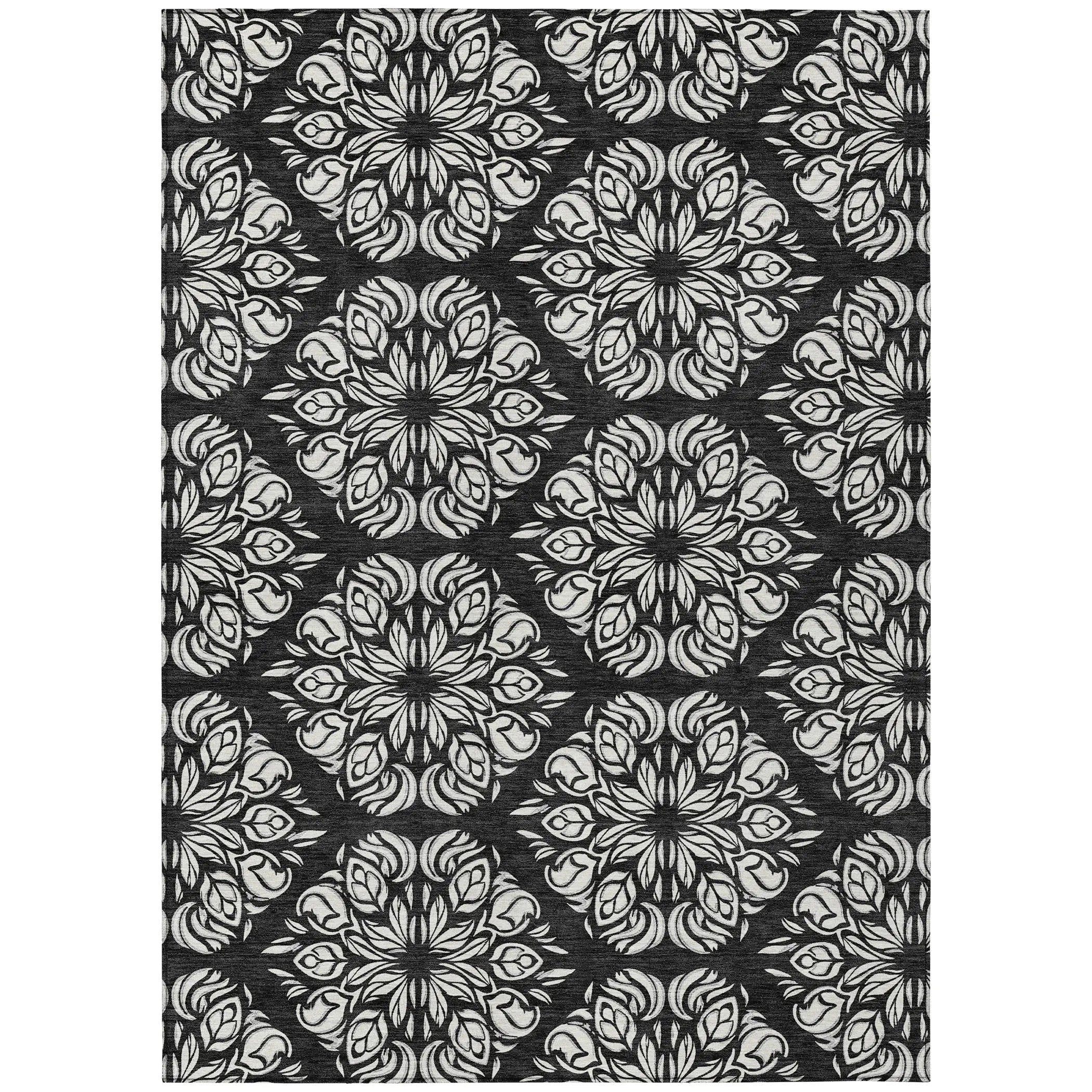 3' X 5' Black And Ivory Damask Washable Indoor Outdoor Area Rug Homeroots Outdoor