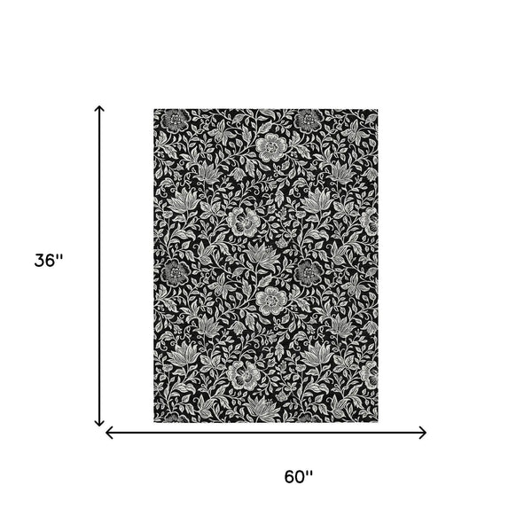 3' X 5' Black And Ivory Floral Washable Indoor Outdoor Area Rug Homeroots Outdoor