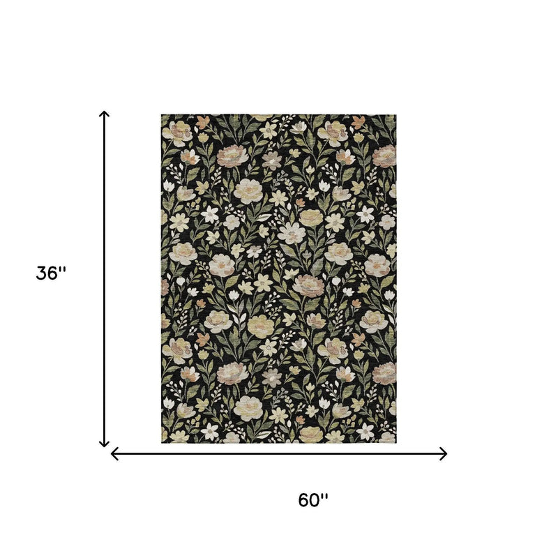 3' X 5' Black And Ivory Floral Washable Indoor Outdoor Area Rug Homeroots Outdoor