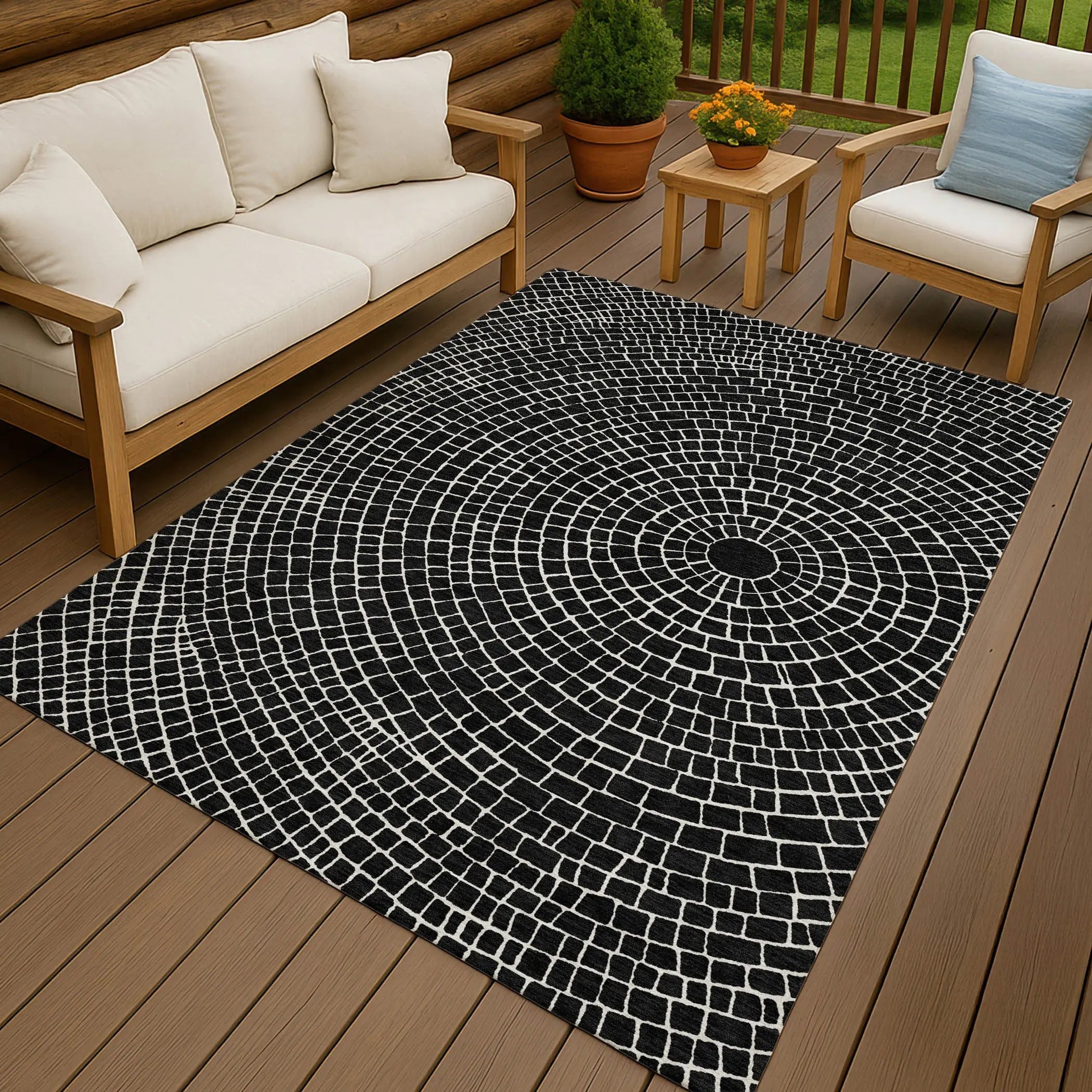 3' X 5' Black And Ivory Geometric Washable Indoor Outdoor Area Rug Homeroots Outdoor