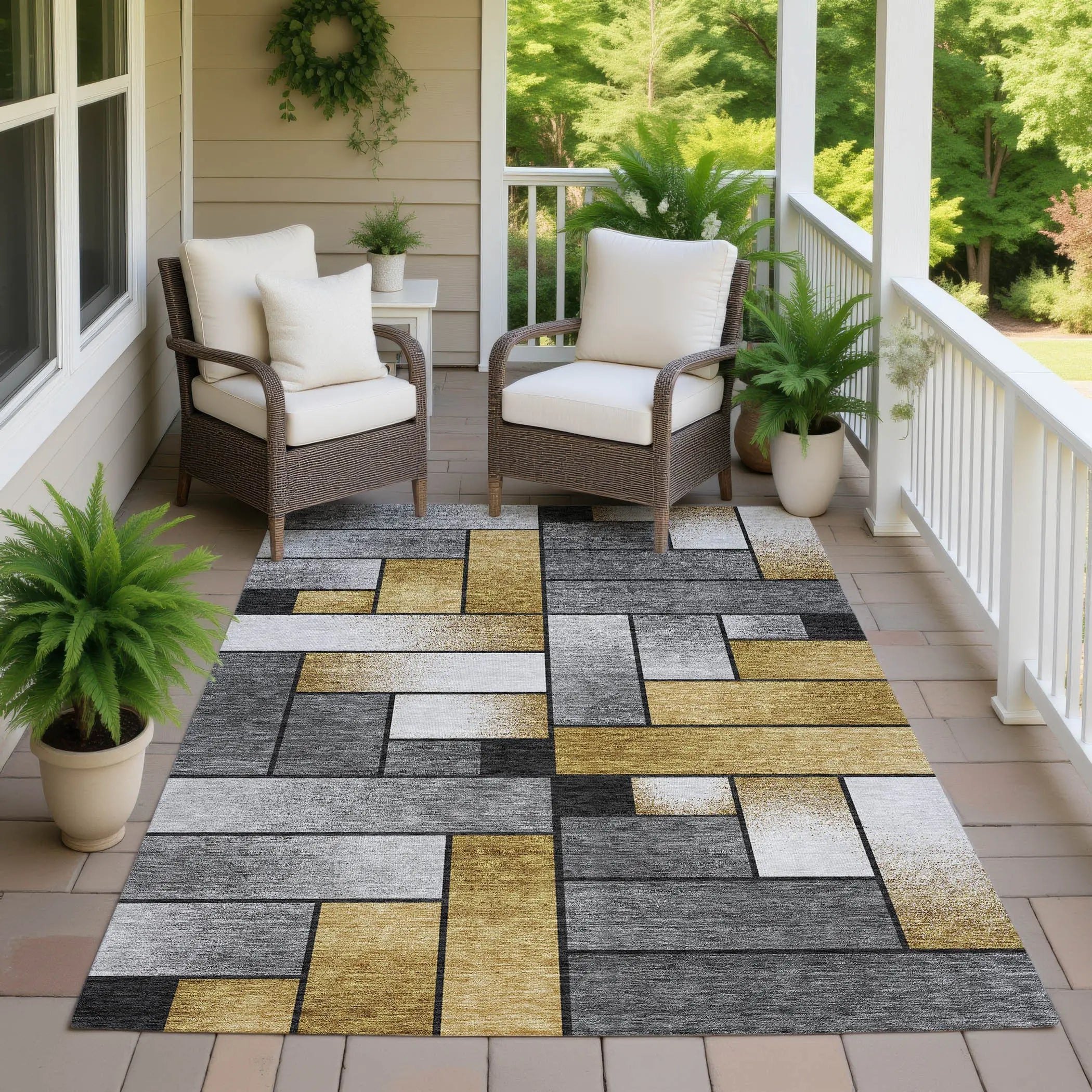3' X 5' Black And Khaki Geometric Washable Indoor Outdoor Area Rug Homeroots Outdoor