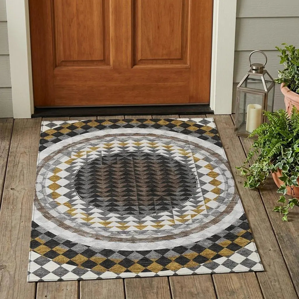 3' X 5' Black And Linen Geometric Washable Indoor Outdoor Area Rug Homeroots Outdoor