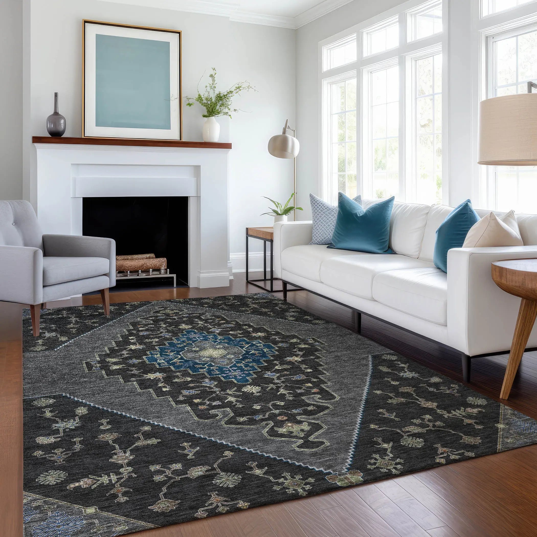 3' X 5' Black And Navy Blue Geometric Washable Indoor Outdoor Area Rug Homeroots Outdoor
