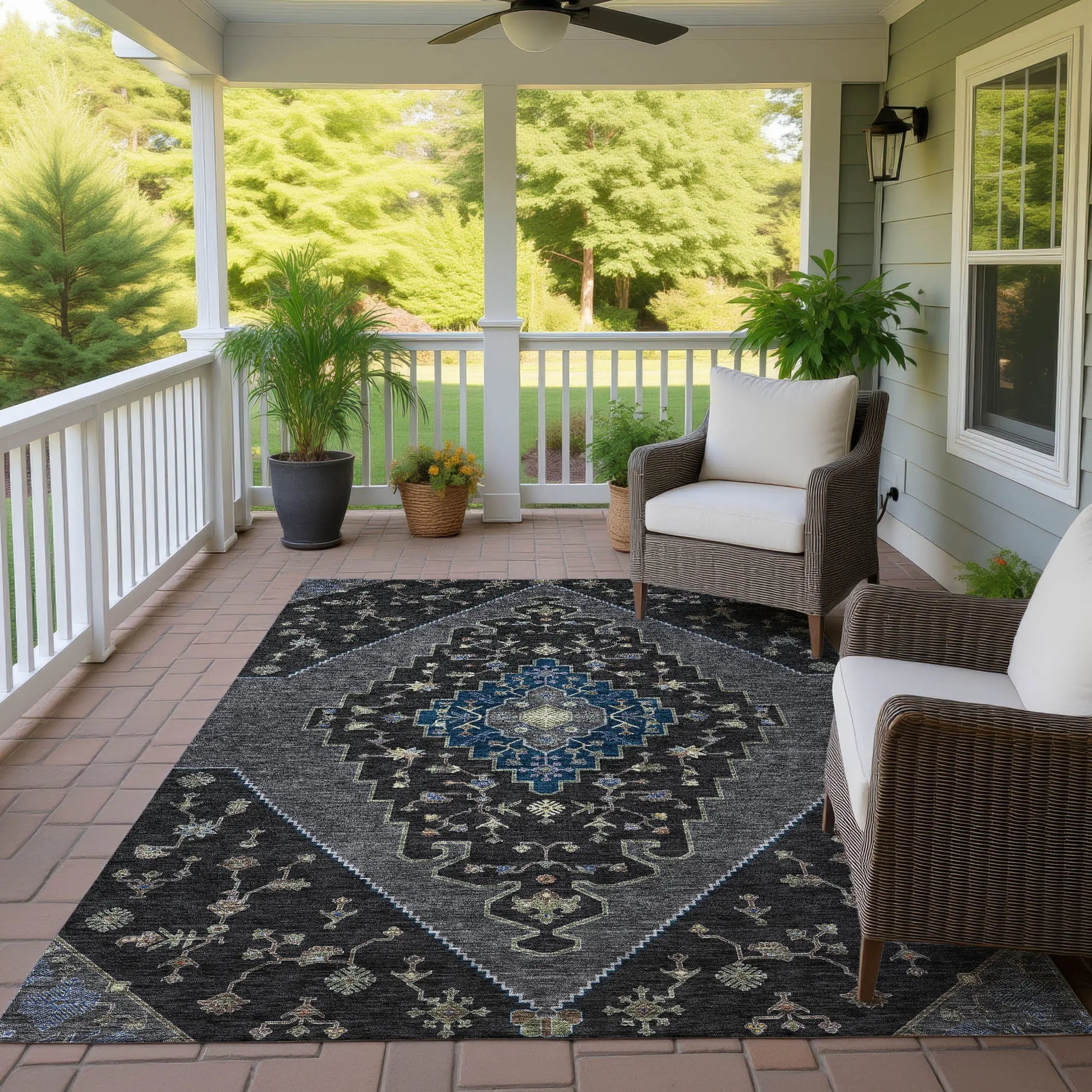 3' X 5' Black And Navy Blue Geometric Washable Indoor Outdoor Area Rug Homeroots Outdoor