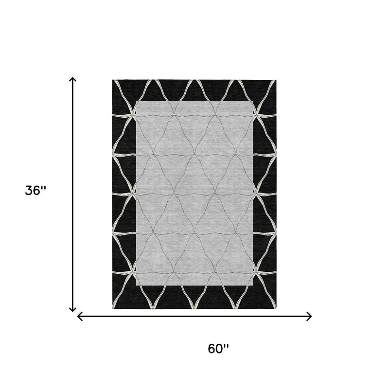 3' X 5' Black And Silver Geometric Washable Indoor Outdoor Area Rug Homeroots Outdoor