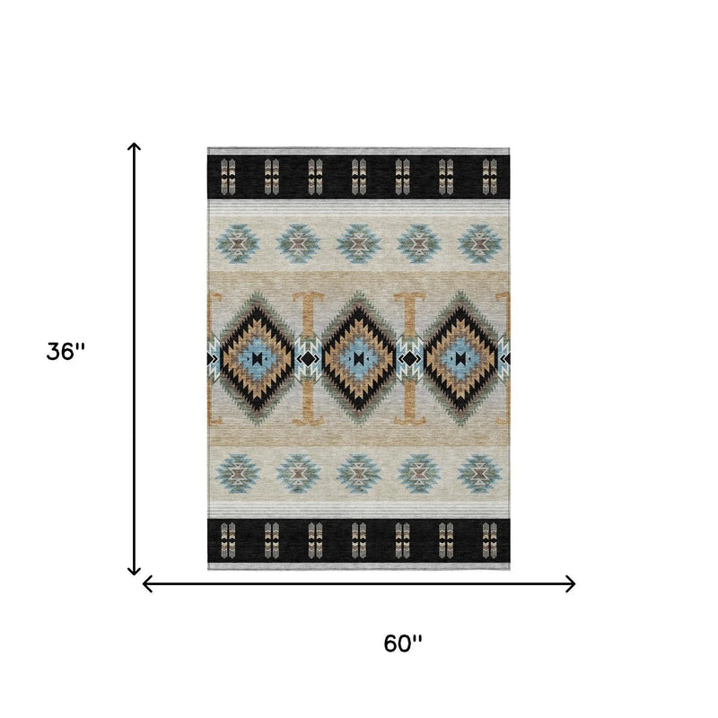 3' X 5' Black And Tan Southwestern Washable Indoor Outdoor Area Rug Homeroots Outdoor