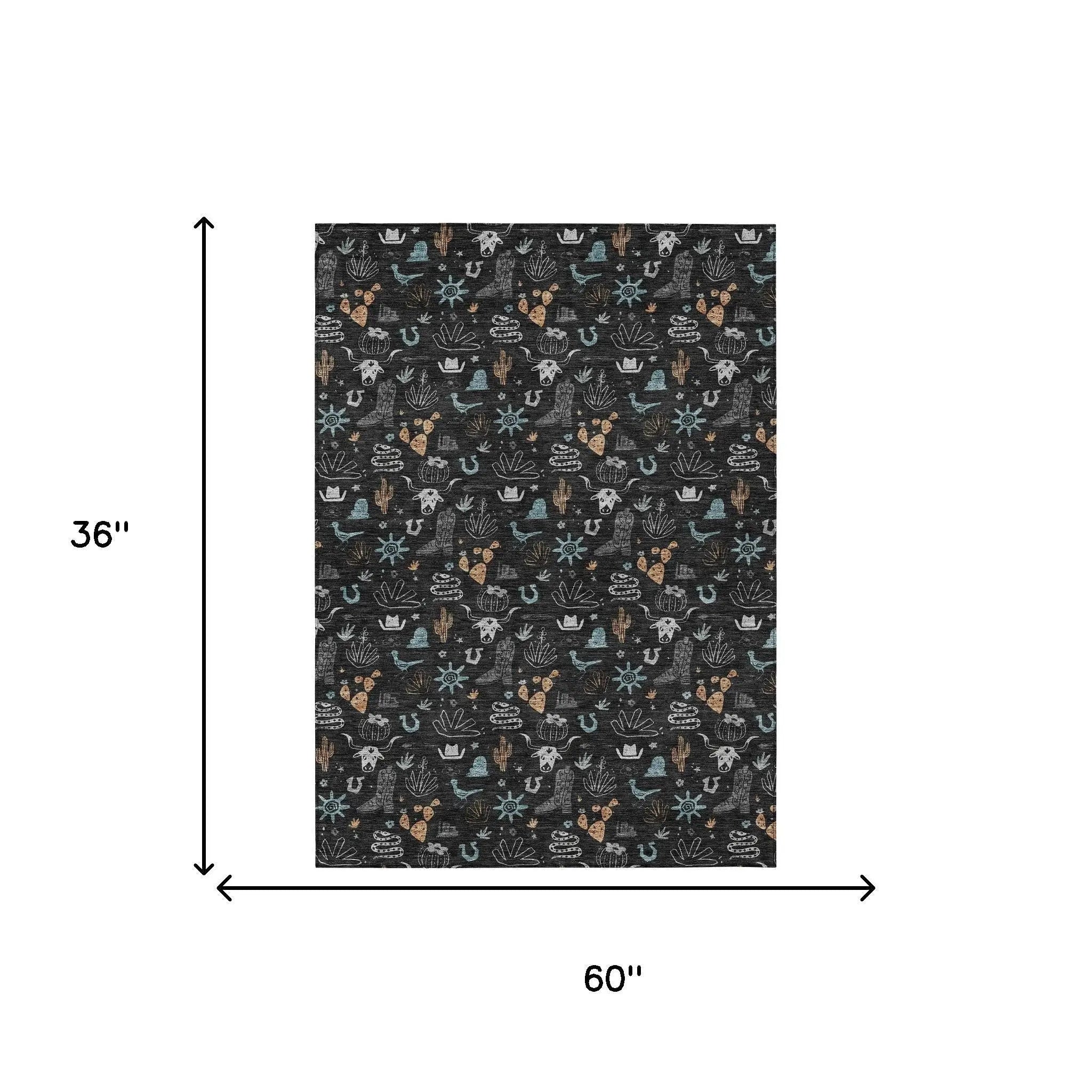 3' X 5' Black And Teal Blue Cactus Washable Indoor Outdoor Area Rug Homeroots Outdoor