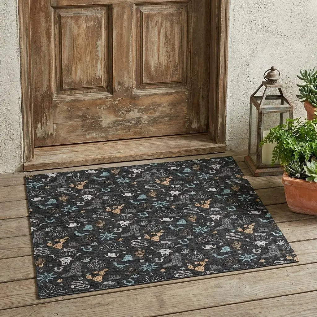3' X 5' Black And Teal Blue Cactus Washable Indoor Outdoor Area Rug Homeroots Outdoor