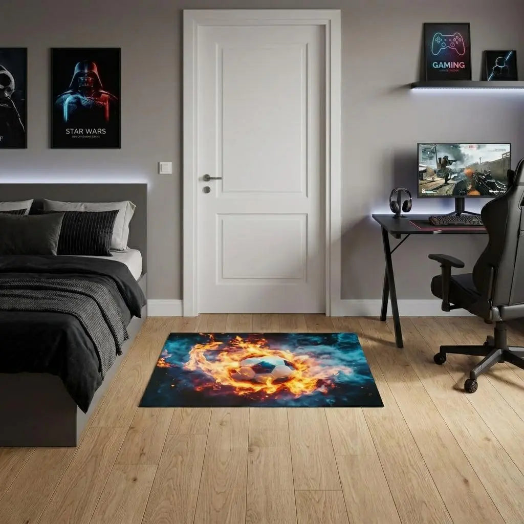 3' X 5' Black Orange And Blue Flaming Soccer Washable Area Rug With UV Protection Homeroots Home Decor