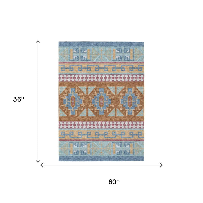 3' X 5' Blue And Aqua Tribal Washable Indoor Outdoor Area Rug Homeroots Outdoor