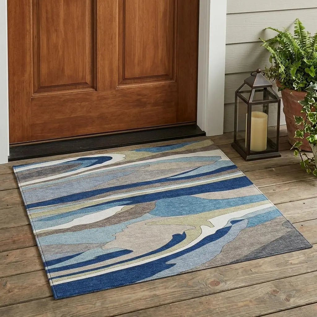 3' X 5' Blue And Beige Abstract Washable Indoor Outdoor Area Rug Homeroots Outdoor