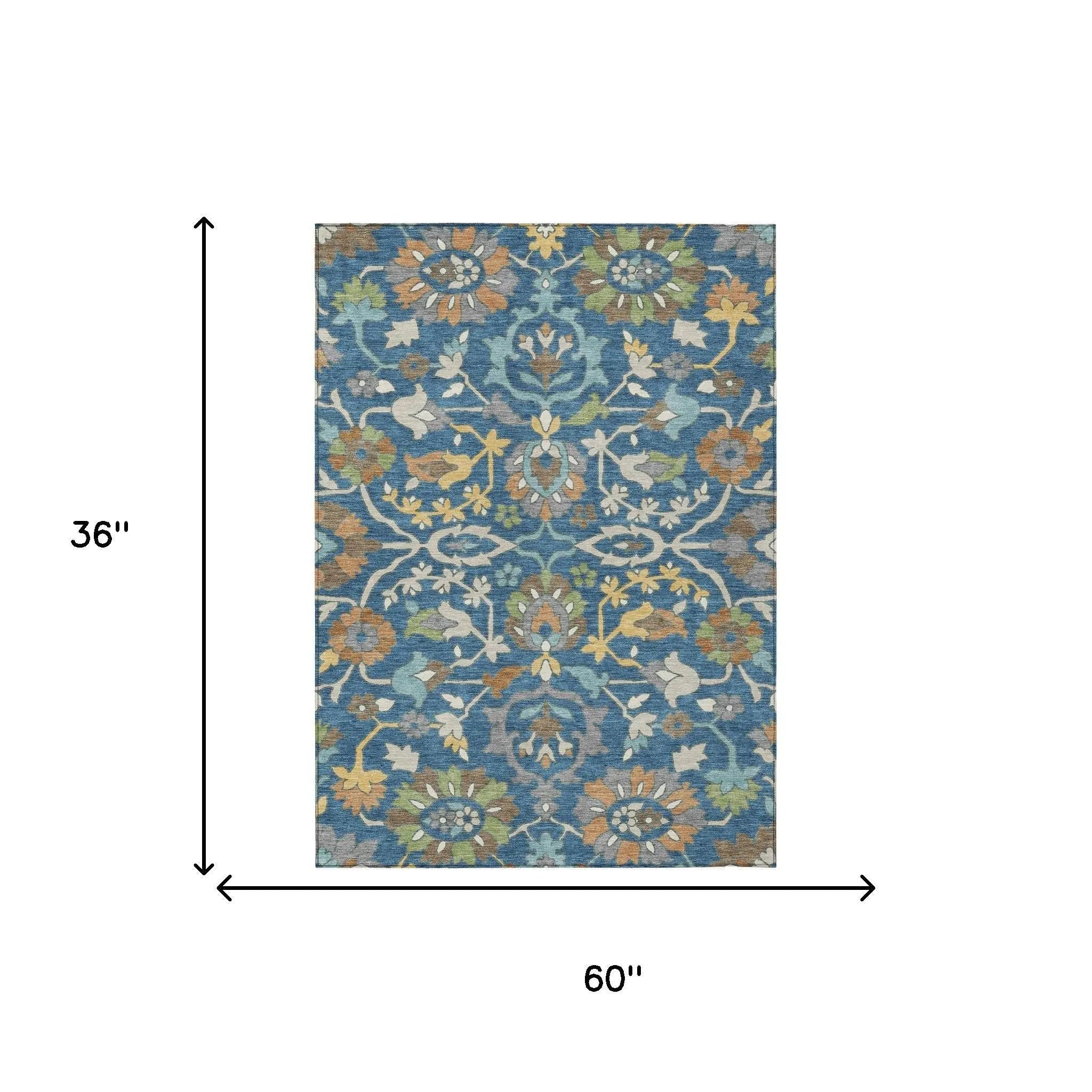 Multicolor floral pattern area rug, 36"x60", featuring blue, gold, and earthy tones, crafted from soft polyester.