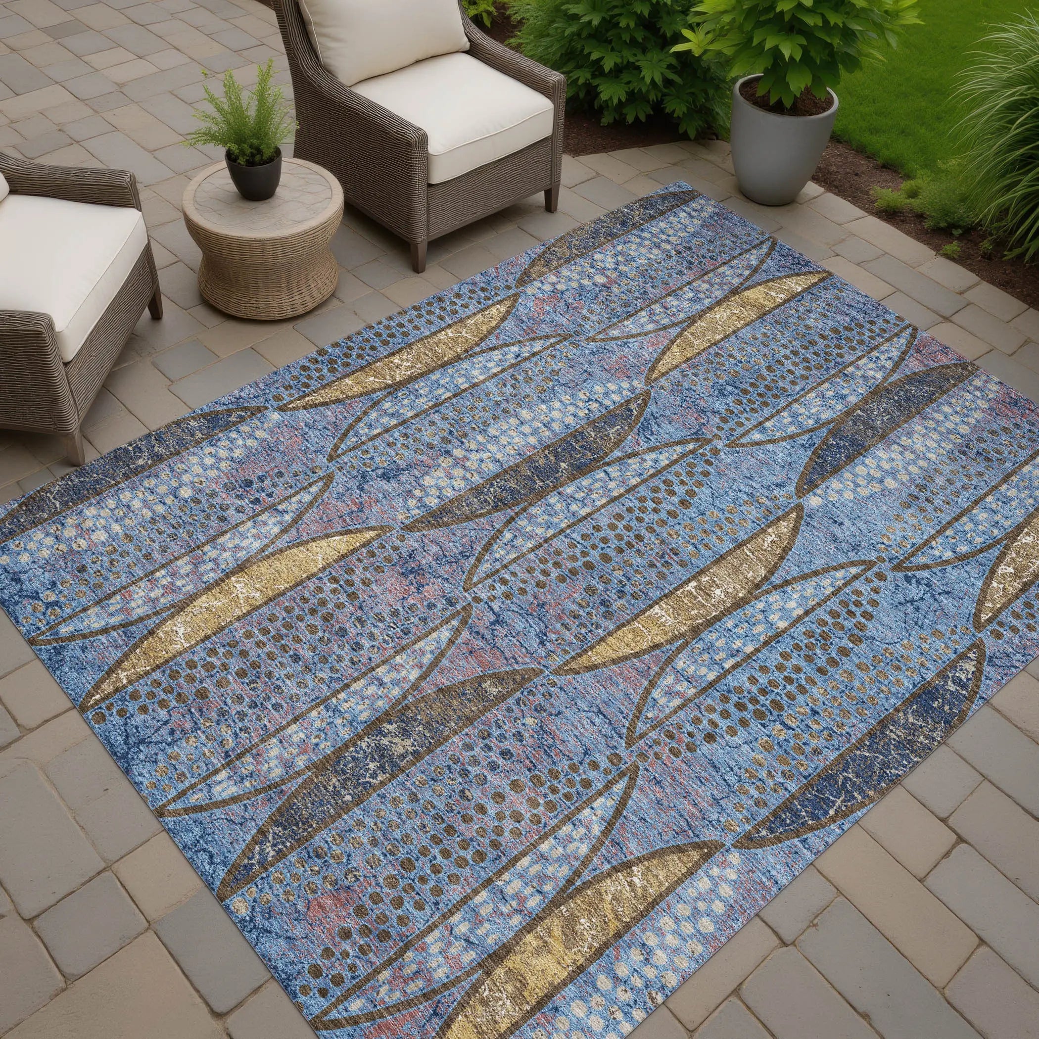 3' X 5' Blue And Brown Geometric Washable Indoor Outdoor Area Rug Homeroots Outdoor