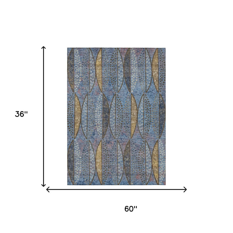 3' X 5' Blue And Brown Geometric Washable Indoor Outdoor Area Rug Homeroots Outdoor